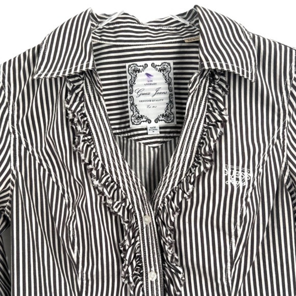 Guess Gray White Stripe Ruffle Fitted V-neck Button Up Shirt Size Medium - Picture 5 of 10